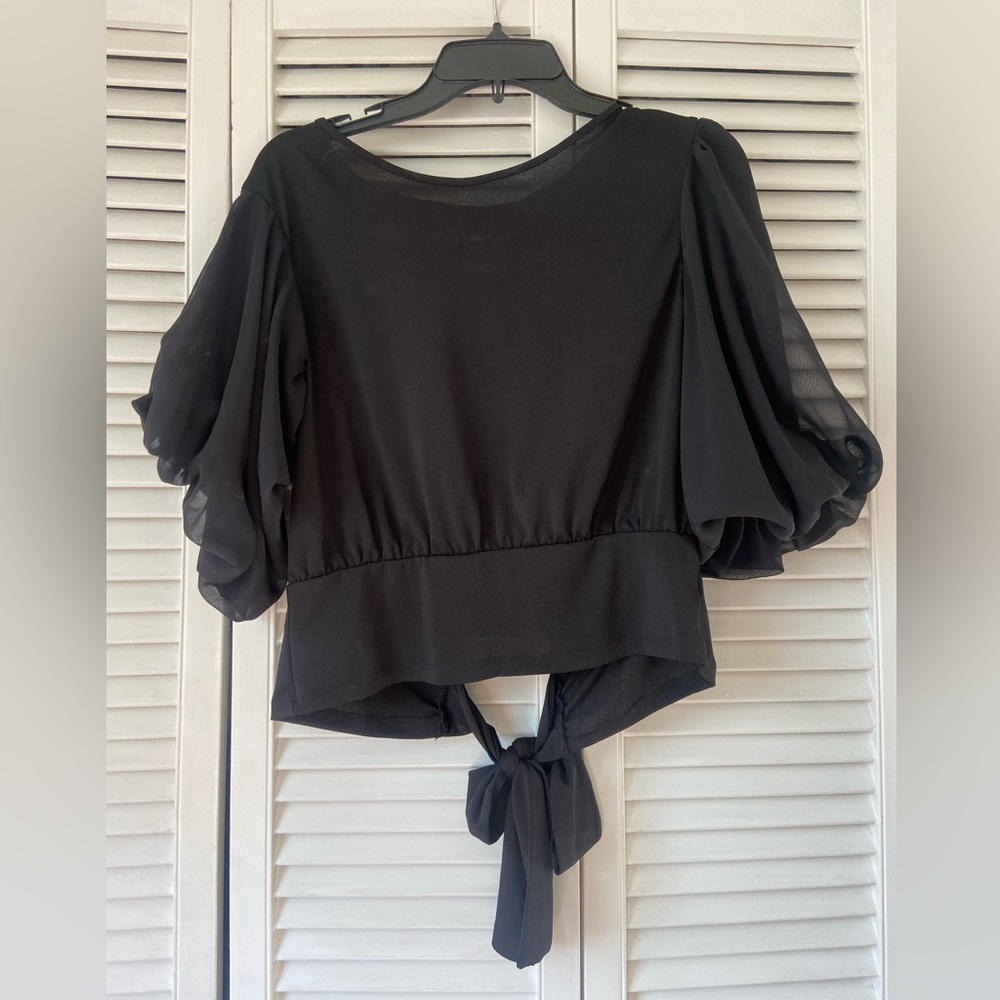 Francesca’s Black Tie, Open Back, Lace Blouse, Size Small